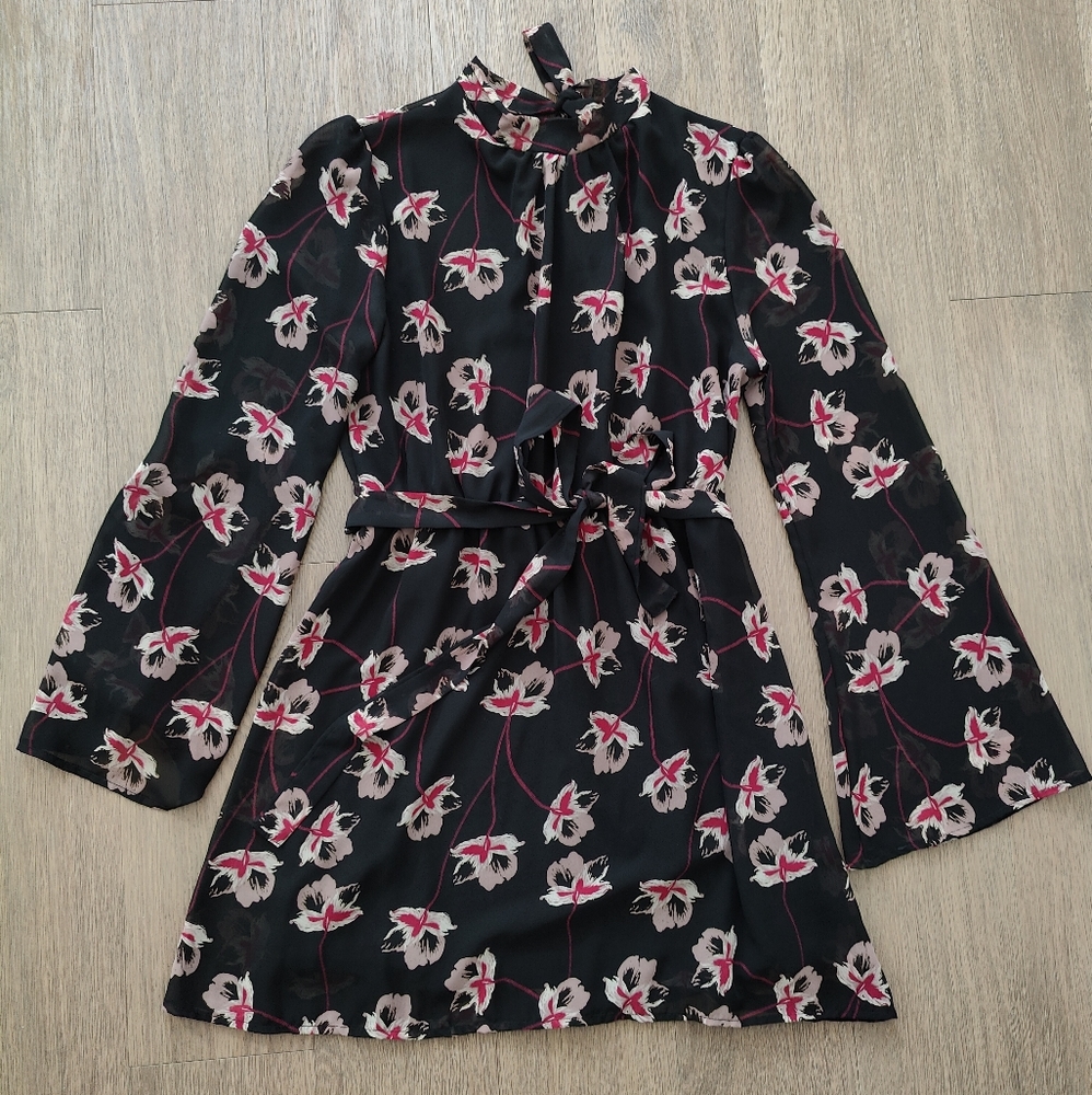 Millibon Black Long Sleeve Chiffon Mock Neck Floral Print Mini Dress